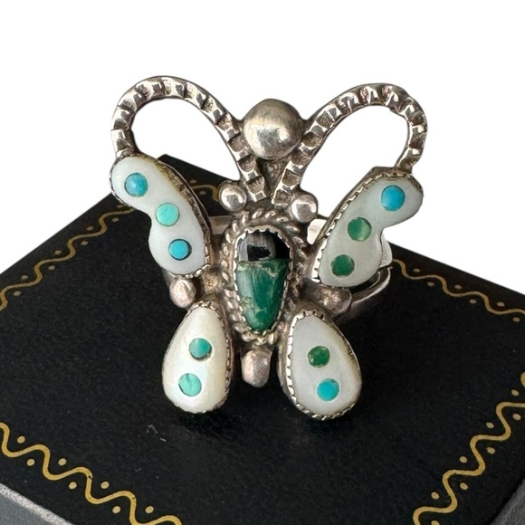 Native American Sterling Silver Butterfly Ring Size 7 Turquoise Mother of Pearl - Picture 4 of 8